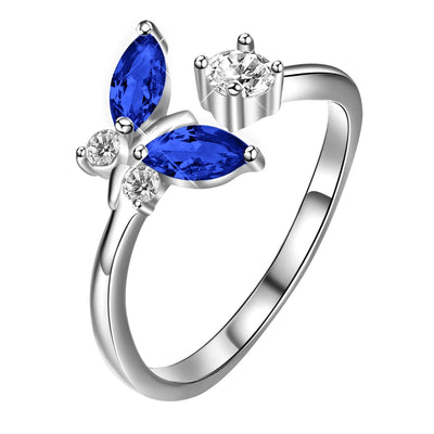 925 Sterling Silver Butterfly Ring featuring a Sapphire Blue Crystal Accent