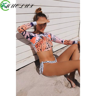 2024 Surfing Swimsuit Women Rashguard Bikini Set Long Sleeve Swimwear Female Tiger Print Summer Bath Suit 2-Piece Sports Biquini