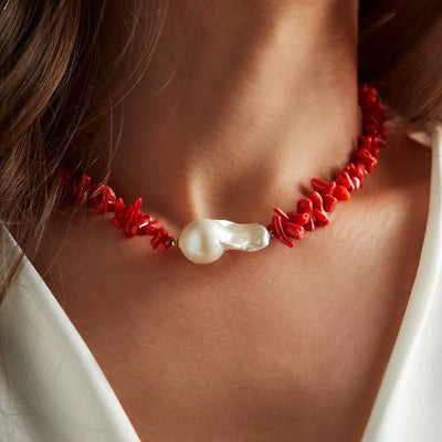 Bohemian Punk Red Coral Bead Big Baroque Freshwater Pearl Necklaces for Women Choker Necklace Party Jewelry Gift