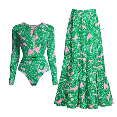 Women’s Long-Sleeve Green Printed Surf Suit