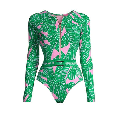 Women’s Long-Sleeve Green Printed Surf Suit