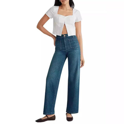 Women's Wide-Leg Washed Jeans with Square Pockets