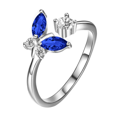 925 Sterling Silver Butterfly Ring featuring a Sapphire Blue Crystal Accent