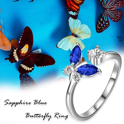 925 Sterling Silver Butterfly Ring featuring a Sapphire Blue Crystal Accent