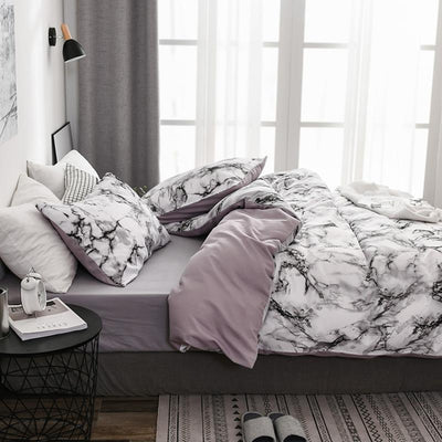 The Bedroom Bedding Is A Comfortable White Marble Pattern Printed Duvet Cover (2/3 Piece Set)