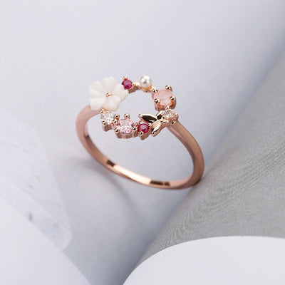 Fashion Creative Butterfly Flowers Crystal Finger Wedding Rings for Women Rose Gold Zircon Glamour Ring Jewelry Girl Gift Bijoux
