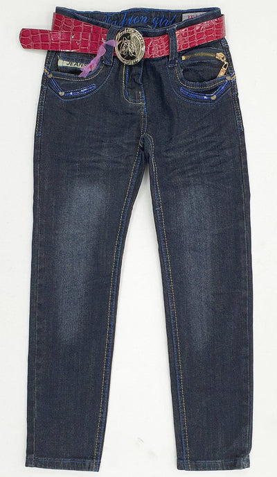 Girl's Jeans With Belt, 4-12 Years