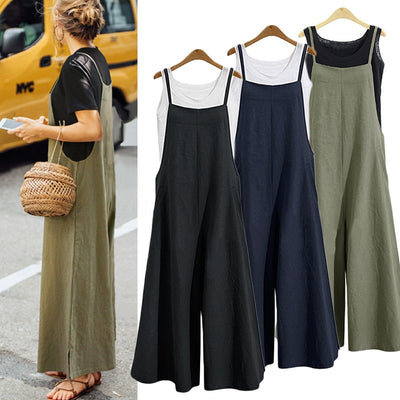 2021 New Summer Women Casual Solid Strap Wide Leg Pants