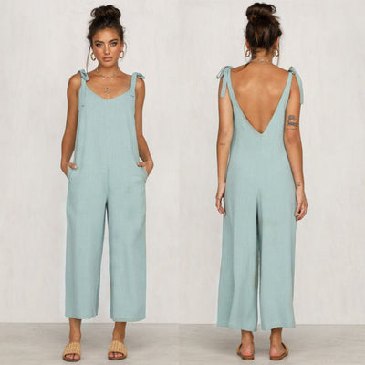 O Neck Casual Backless Overalls Trousers Jumpsuit Women Summer Loose Sleeveless Rompers Wide Leg Pants 4 Color S-XL