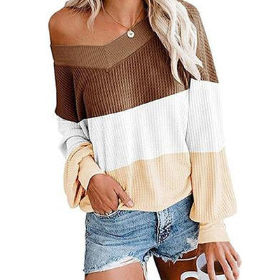 Sexy V Neck Hit Color Striped Bat Shirt Women's T Shirt Autumn Winter New Casual Street Hipster Ladies Top футболка 2020